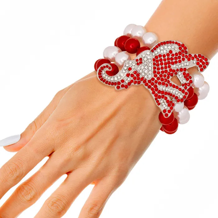 Red & White Stone Paved Elephant Stretch Pearl Strand Bracelet