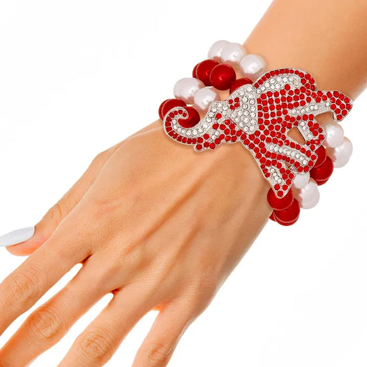 Red & White Stone Paved Elephant Stretch Pearl Strand Bracelet