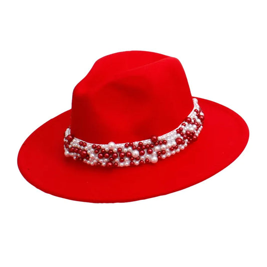 Red Pearl Embellished Band Pointed Fedora Hat