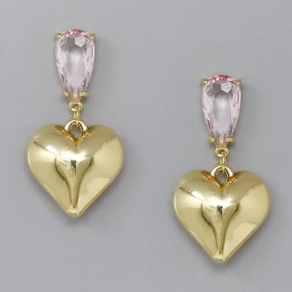 Gold & Pink Puffed Heart Teardrop Glass Stone Earrings