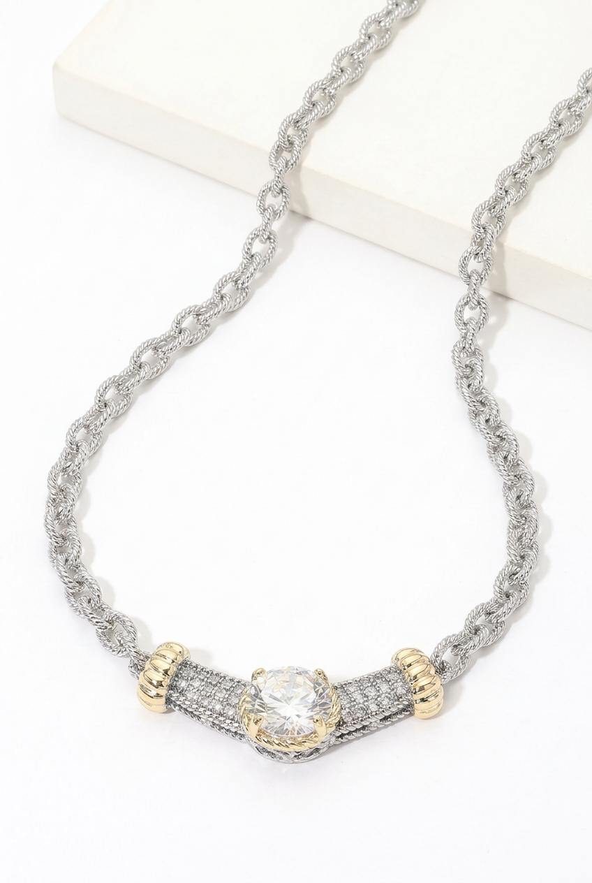 14K Gold Plated Two Tone Round CZ Stone Center Bar Accent Link Necklace M H W ACCESSORIES LLC Bar Accent Link Necklace