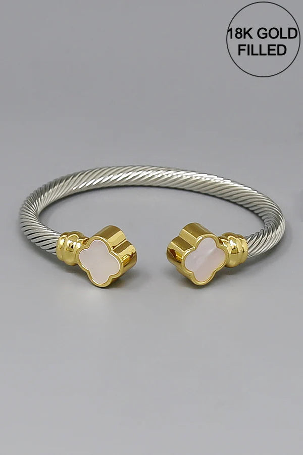 Two-Tone Clover Detail Open Cuff Cable Bracelet