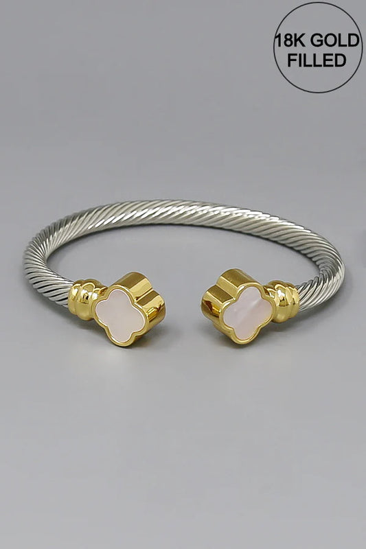 Two-Tone Clover Detail Open Cuff Cable Bracelet