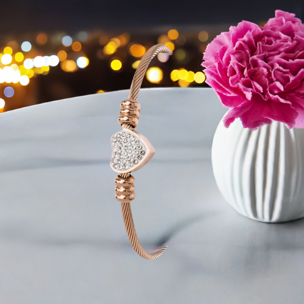 Rose Gold Stainless Steel Cubic Zirconia Heart Bangle - M H W ACCESSORIES LLC