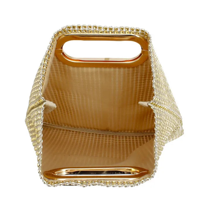 Gold Rhinestone Mesh Square Clutch for Women