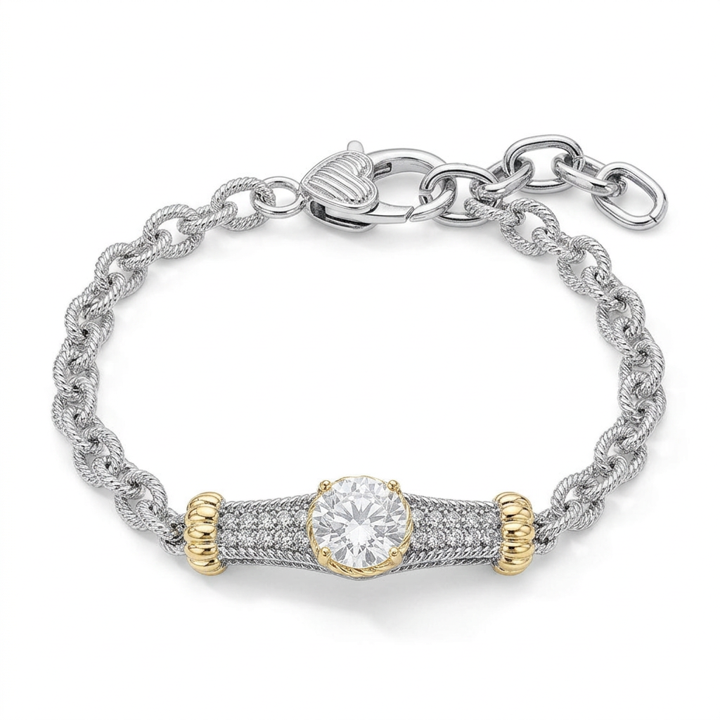14K Gold Plated Two Tone Round CZ Stone Center Bar Accent Chain Bracelet M H W ACCESSORIES LLC 14K Gold Plated Two Tone Round CZ Stone Center Bar Accent Chain Bracelet