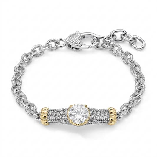 14K Gold Plated Two Tone Round CZ Stone Center Bar Accent Chain Bracelet M H W ACCESSORIES LLC 14K Gold Plated Two Tone Round CZ Stone Center Bar Accent Chain Bracelet