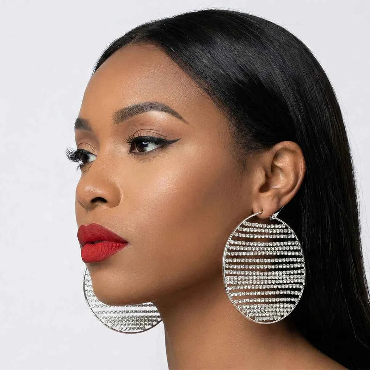 Hoop Linear Rhinestone Sparkle Silver Earrings