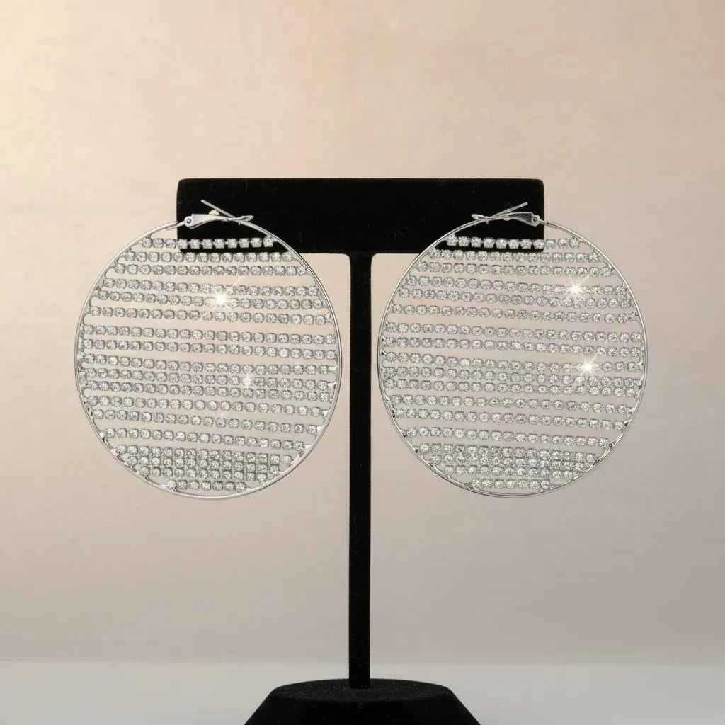 Hoop Linear Rhinestone Sparkle Silver Earrings