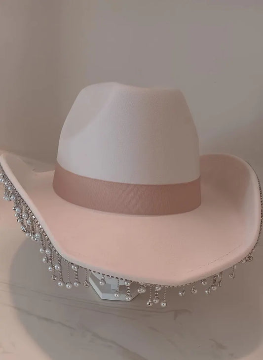 Pearl Rhinestone Fringe Trim Western Ivory Cowboy Hat