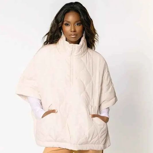 Ivory Quilted Short Sleeves Puffer Pullover Poncho
