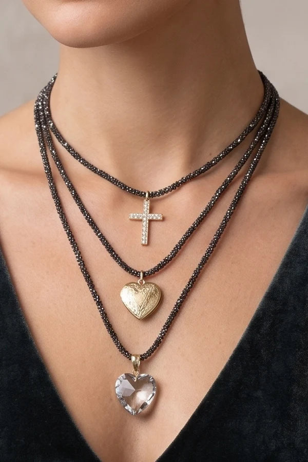 Heart & Cross Pendant Crystal Hematite Gold Mesh Layered Necklace M H W ACCESSORIES LLC Heart & Cross Pendant Crystal Hematite Gold Mesh Layered Necklace