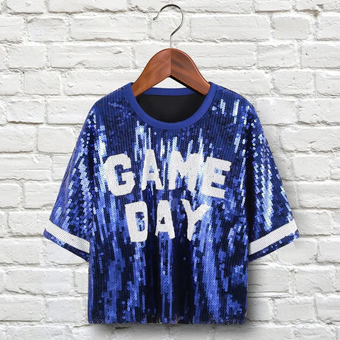 Blue & White GAME DAY Sequin Crop Top for Women M H W ACCESSORIES LLC Blue & White GAME DAY Sequin Crop Top for Women