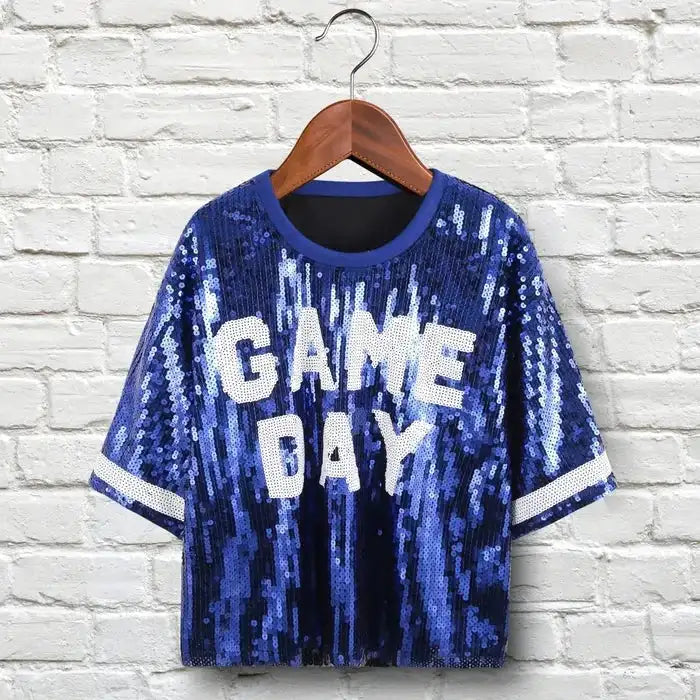 Blue & White GAME DAY Sequin Crop Top for Women M H W ACCESSORIES LLC Blue & White GAME DAY Sequin Crop Top for Women