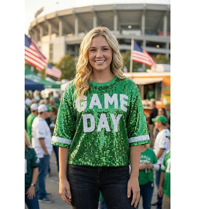 Green & White GAME DAY Sequin Crop Top for Women M H W ACCESSORIES LLC Green & White GAME DAY Sequin Crop Top for Women