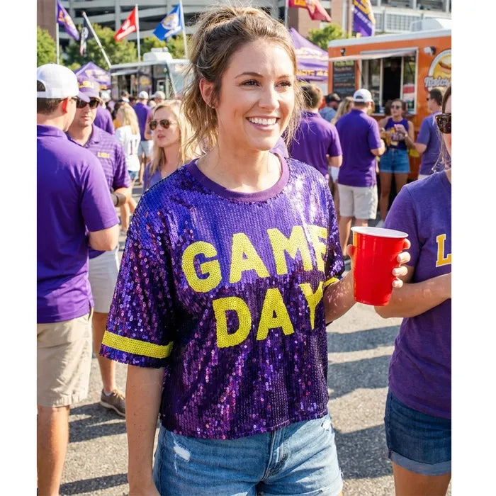 Purple & Yellow GAME DAY Sequin Crop Top for Women M H W ACCESSORIES LLC Purple & Yellow GAME DAY Sequin Crop Top for Women