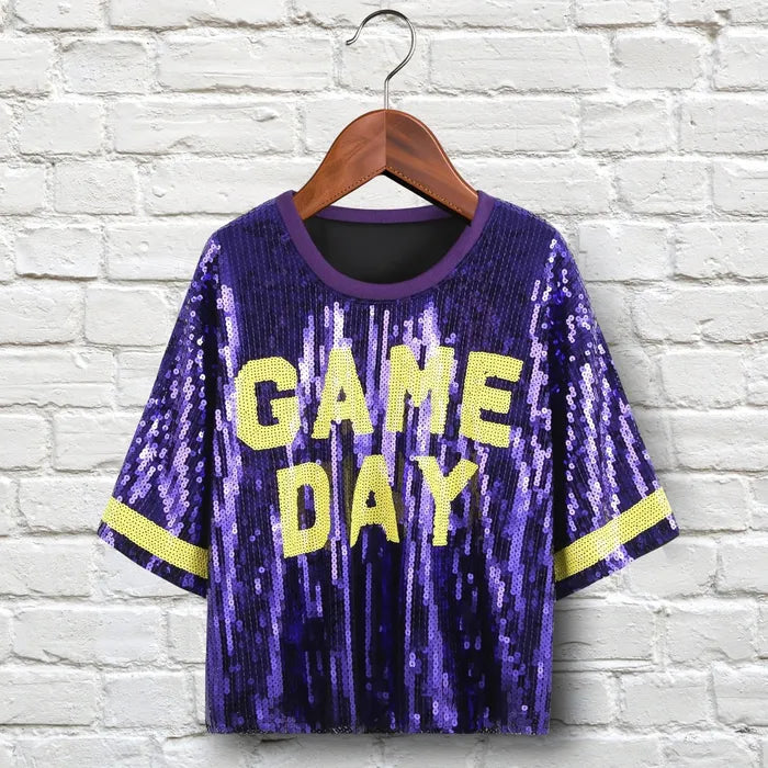 Purple & Yellow GAME DAY Sequin Crop Top for Women M H W ACCESSORIES LLC Purple & Yellow GAME DAY Sequin Crop Top for Women