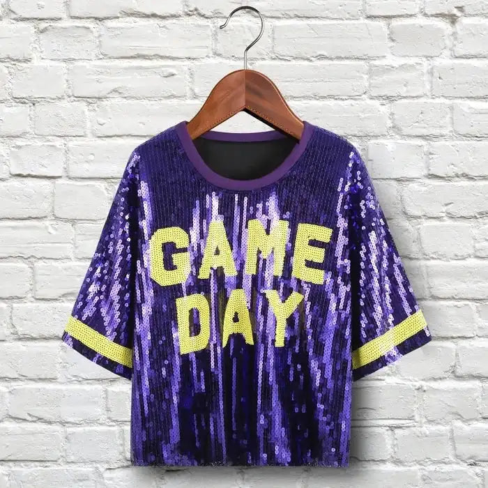 Purple & Yellow GAME DAY Sequin Crop Top for Women M H W ACCESSORIES LLC Purple & Yellow GAME DAY Sequin Crop Top for Women