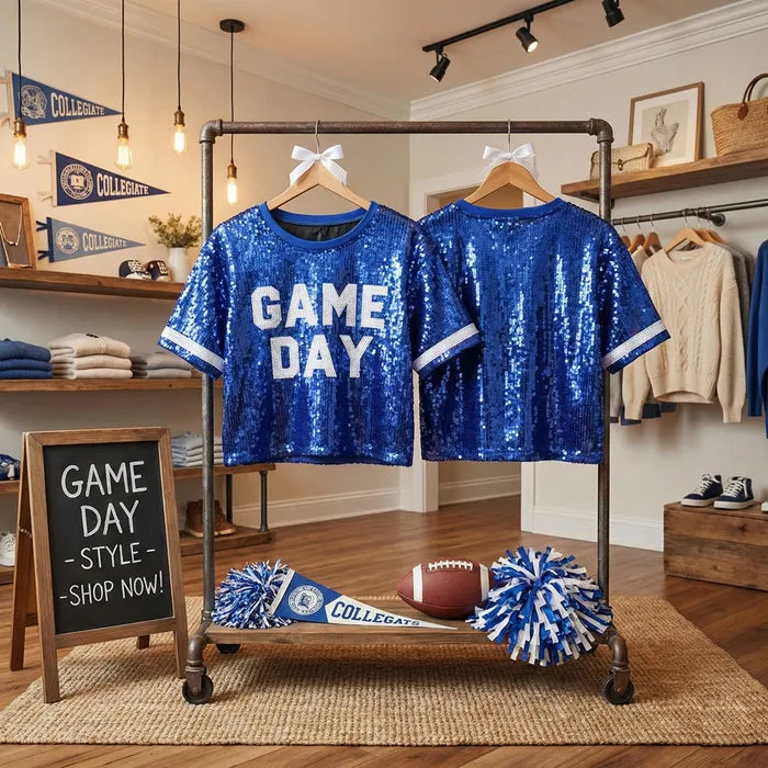 Blue & White GAME DAY Sequin Crop Top for Women M H W ACCESSORIES LLC Blue & White GAME DAY Sequin Crop Top for Women