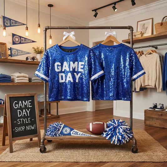 Blue & White GAME DAY Sequin Crop Top for Women M H W ACCESSORIES LLC Blue & White GAME DAY Sequin Crop Top for Women