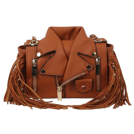 BROWN FASHION LEATHER FRINGE JACKET DESIGN CROSSBODY BAG