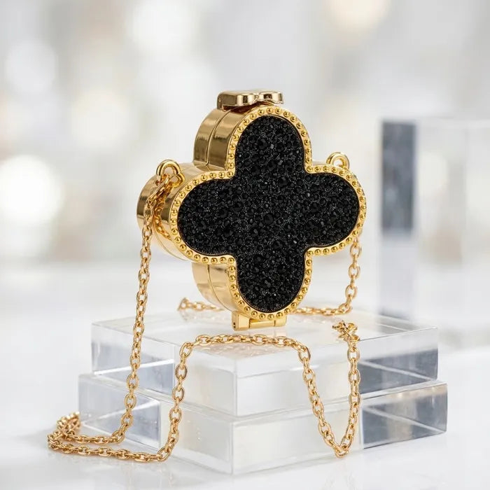 Rhinestone Gold & Black  Studded Mini Quatrefoil Evening Clutch Crossbody Bag M H W ACCESSORIES LLC Rhinestone Gold & Black  Studded Mini Quatrefoil Evening Clutch Crossbody Bag