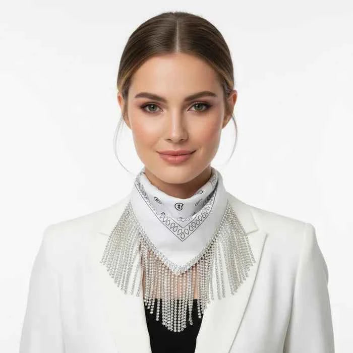 Necklace White Bandana Bling Fringe Scarf