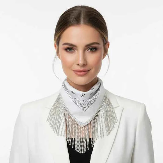 Necklace White Bandana Bling Fringe Scarf