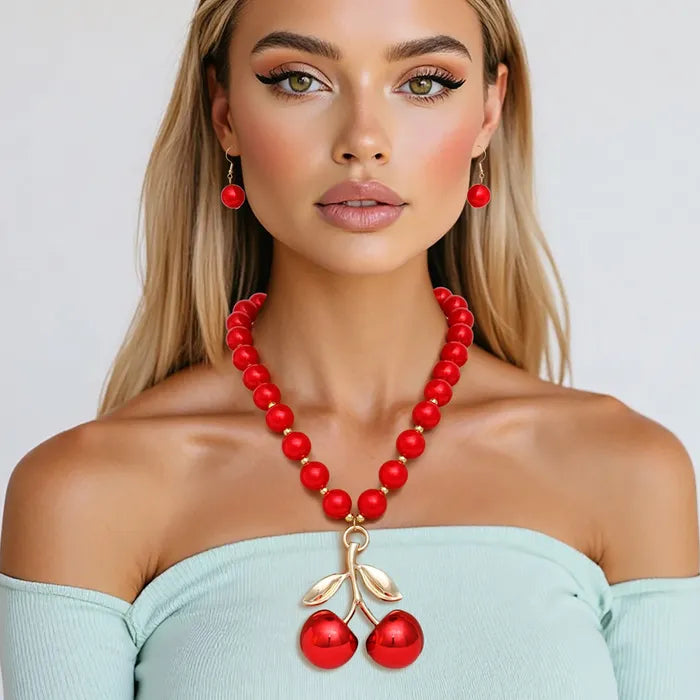 Red Pearl Necklace Red Cherry Drop Pendant Necklace