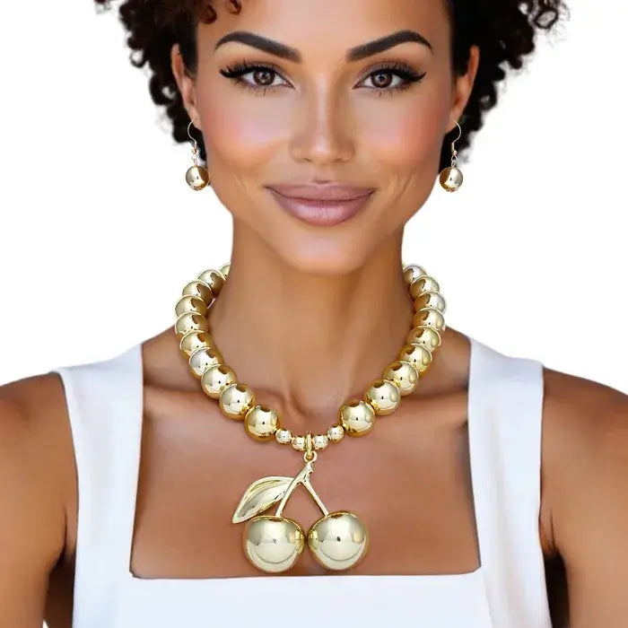 Glossy Gold Beaded Coquette Cherry Necklace