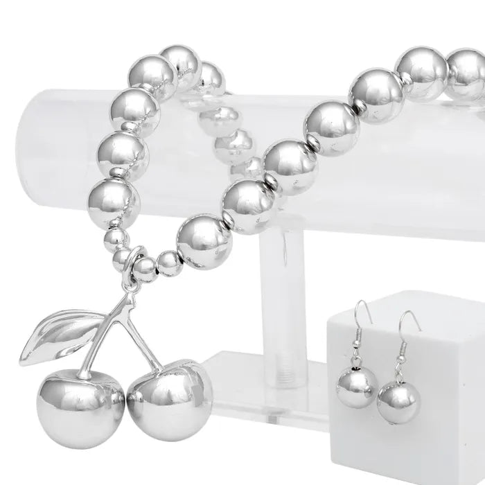 Glossy Silver Beaded Coquette Cherry Necklace