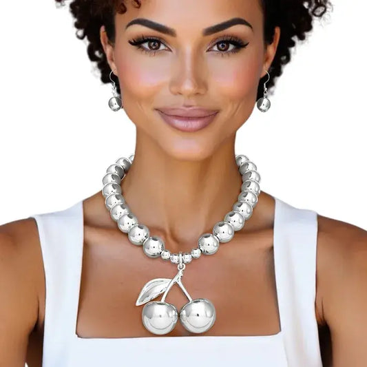 Glossy Silver Beaded Coquette Cherry Necklace