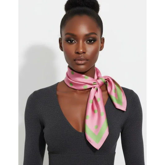 Pink & Green Polka Dot Pattern Printed Square Silky Satin Bandana Scarf