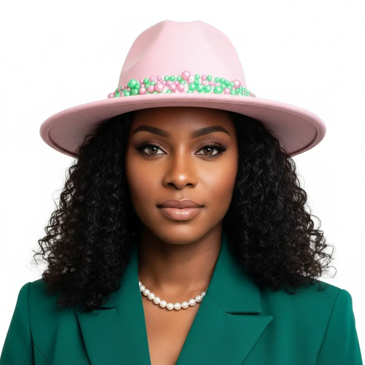 Pink & Green  Fedora Pearl Band Hat for Women