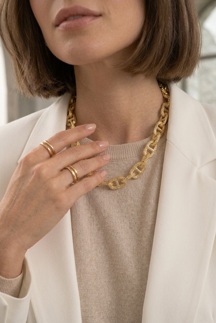 14K Gold Plated Bold Textured Mariner Link Chain Necklace M H W ACCESSORIES LLC 14K Gold Plated Bold Textured Mariner Link Chain Necklace