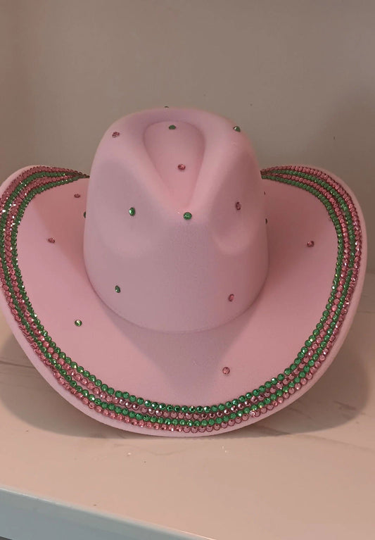 Pink and Green Bling Studded Cowboy Western Hat for Women M H W ACCESSORIES LLC Pink and Green Bling Studded Cowboy Western Hat for Women