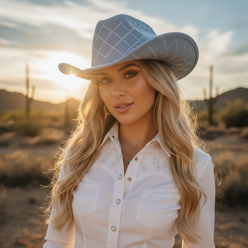 Rhinestone Pattern Denim Western Cowboy Hat Fedora M H W ACCESSORIES LLC Rhinestone Pattern Denim Western Cowboy Hat Fedora