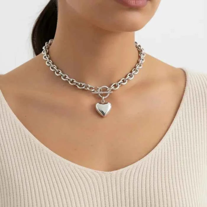 Stainless Steel Toggle Heart Rolo Chain Necklace