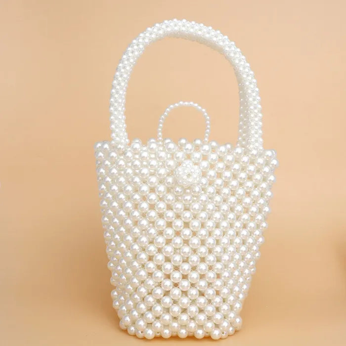 Cream Top Handle Pearl Woven Handmade Bucket Bag