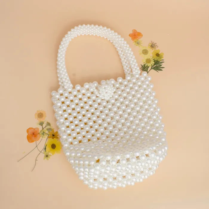 Cream Top Handle Pearl Woven Handmade Bucket Bag