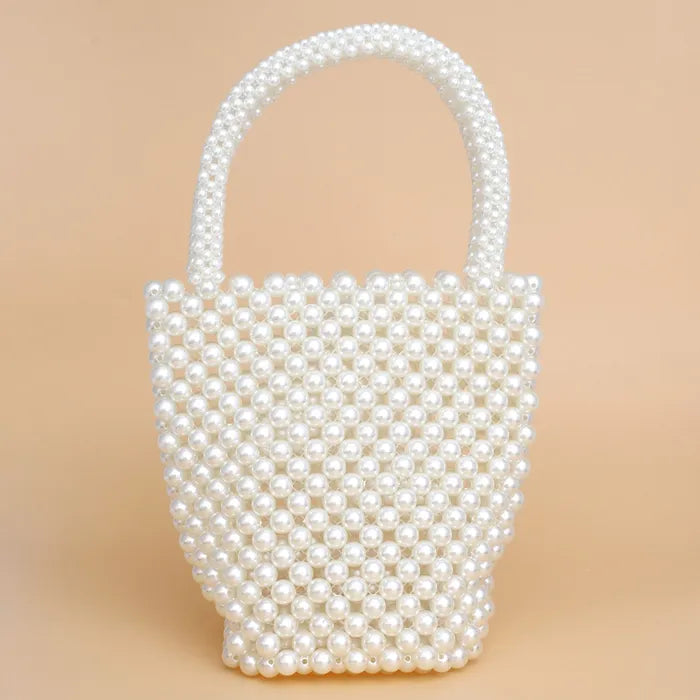 Cream Top Handle Pearl Woven Handmade Bucket Bag