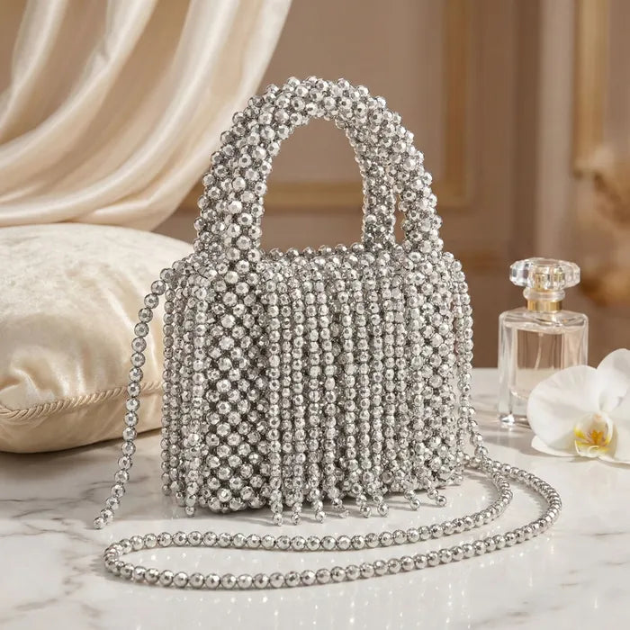 Top Handle Silver Tone Bead Woven Mini Fringe Handbag