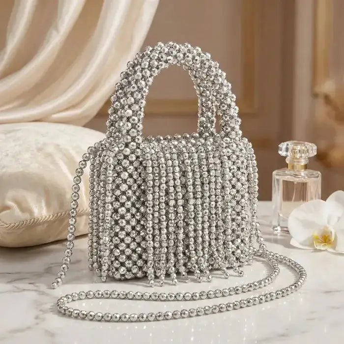 Top Handle Silver Tone Bead Woven Mini Fringe Handbag M H W ACCESSORIES LLC Top Handle Silver Tone Bead Woven Mini Fringe Handbag