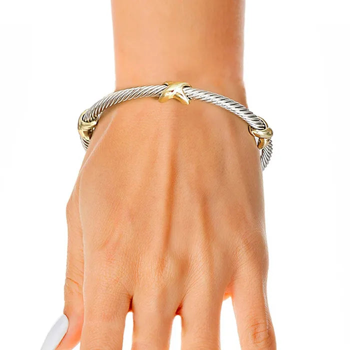 Silver Two Tone CrissCross Twisted Cable Cuff Bracelet for Women - M H W ACCESSORIES LLC